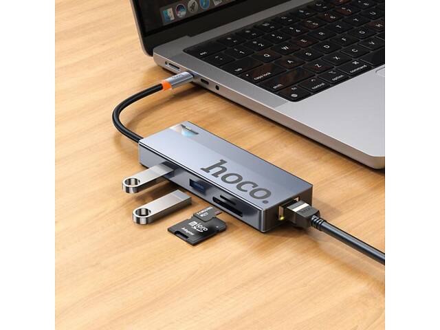USB-хаб HOCO HB52 Wow 8-in-1 multi-function converter (HDTV+RJ45+SD/TF+PD+Type-C3.0+USB3.0*2) Deep Space Gray yL. - Фото 5