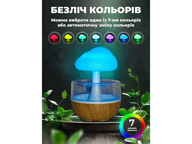 Увлажнитель воздуха с эффектом дождя с подсветкой RGB ночник в виде гриба
