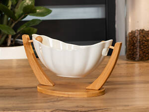 Ваза для фруктов белая керамическая 33×14×16 см на деревянной подставке фруктовница конфетница