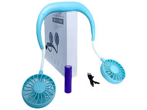 Вентилятор на акумуляторі подвійний на шию портативний зарядка від USВ блакитний Sports Necklace Fan