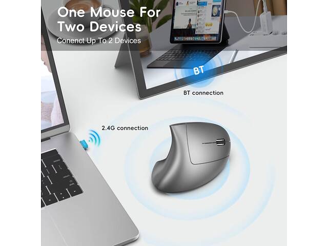 Вертикальная мышь беспроводная HYSJ Т22 с аккумулятором и RGB подсветкой 2,4G+Bluetooth Grey - Фото 7