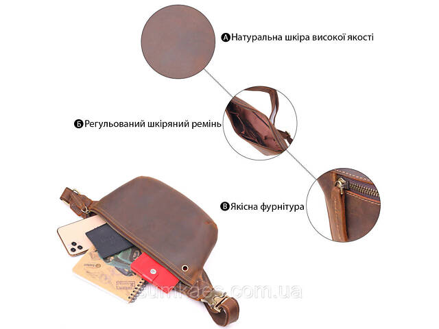 Винтажная поясная сумка из натуральной кожи 21294 Vintage Коричневая - Фото 5