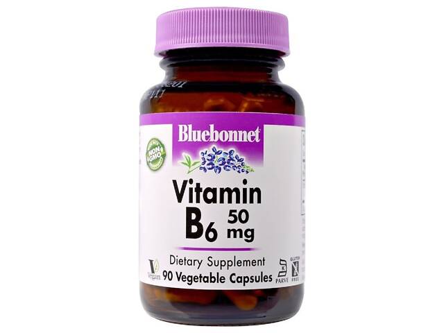Вітамін B6 50 мг, Vitamin B6, Bluebonnet Nutrition, 90 вегетаріанських капсул - Фото 1