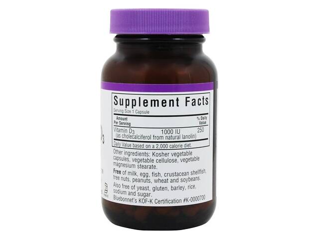 Вітамін D3 1000 МО Bluebonnet Nutrition 100 желатинових капсул - Фото 2