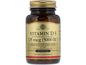 Витамин D3 (холекальциферол), Vitamin D3, Solgar, 125 мкг (5000 МЕ), 100 гелевых капсул