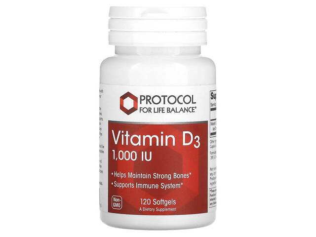 Витамин D3, Vitamin D3, Protocol for Life Balance, 1000 МЕ, 120 гелевых капсул Витамин D3, Vitamin D3, Protocol for Life Balance, 1000 МЕ, 120 гелевых капсул