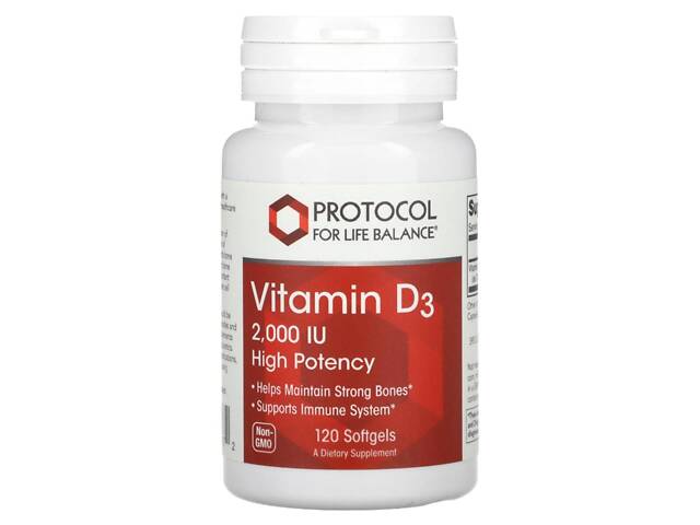 Вітамін D3, Vitamin D3, Protocol for Life Balance, висока ефективність, 2000 МО, 120 гелевих капсул - Фото NaN