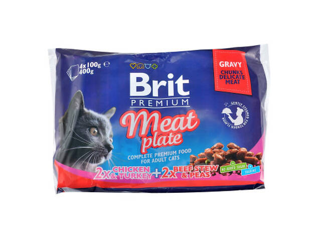 Вологий корм для кошек Brit Premium Cat м'ясна тарілка 4 шт по 100 г (8595602506262) - Фото 1