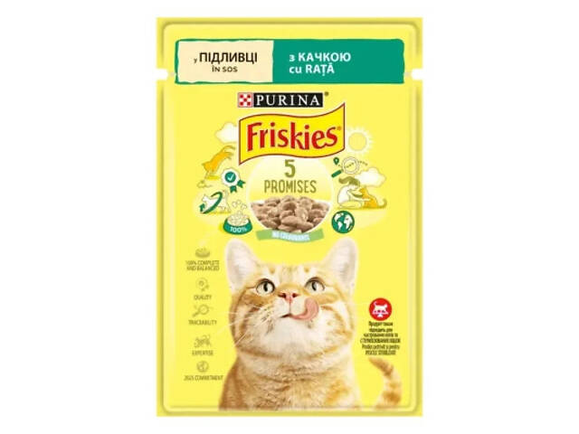 Вологий корм для котів Purina Friskies шматочки в підливі з качкою 85 г (7613036962278) - Фото 1
