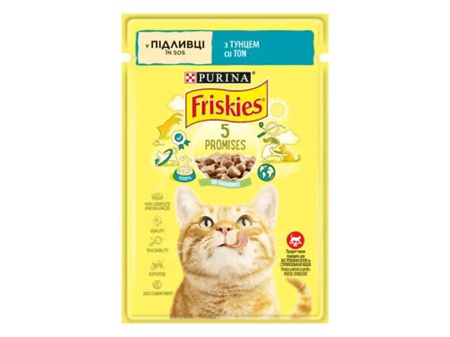 Вологий корм для котів Purina Friskies шматочки в підливі з тунцем 85 г (7613036962315) - Фото 1