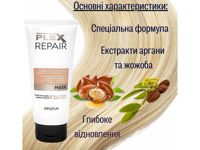Восстанавливающая маска Deliplus для сухих и поврежденных волос с экстрактом арганы и жожоба 200мл Plex Repair Deliplus - Фото 2