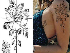 Временное тату водостойкое 3D большое Роза с листьями BK-008 18х9 см