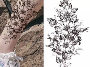 Временное тату водостойкое 3D большое Цветы и бабочка XQB-360 19,5х9,5 см