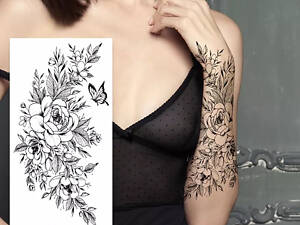 Временное тату водостойкое 3D большое Цветы и бабочка FF-081 18х8.5 см