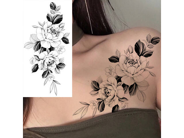 Временное тату водостойкое 3D большое Цветы с листьми BK-013 18х9 см - Фото 1