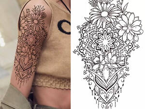 Тимчасове тату водостійке 3D велике Квіти із візерунком XQB-336 9,5х10 см