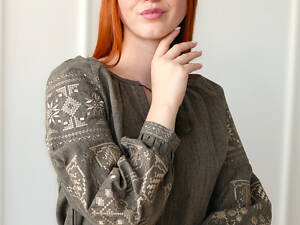 Вишиванка жіноча льон-габардин хакі Святкова 4Profi 3XL(48)