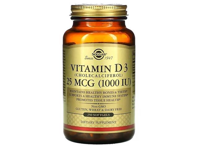 Вітамін D Solgar Vitamin D3 Cholecalciferol 1000 IU 25 mcg 250 Softgels (000014479) - Фото 1