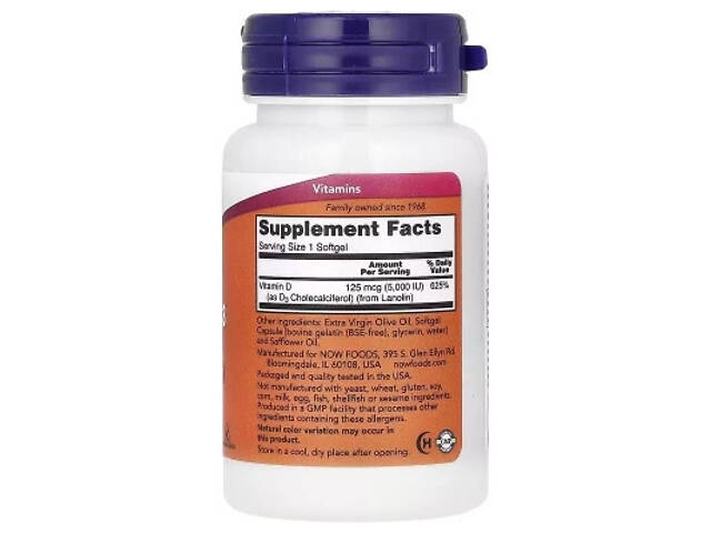 Вітамінно-мінеральний комплекс Now Foods Вітамін D3, 5000 МО, високої ефективності, Vitamin D-3, High Potency, (NF0374) - Фото 2