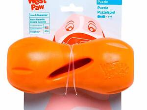 West Paw Qwizl Treat Toy (Вест Пав Квизл) игрушка для собак косточка с отверстием для лакомств Маленький - 14 см., Оранж