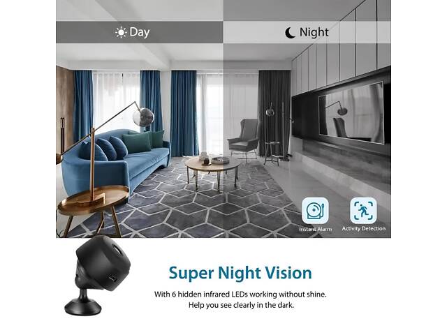 Wi-Fi камера з детектором руху. Міні-камера 1080P Full HD. Міні камера з нічною зйомкою та датчиком руху, 150° - Фото 9