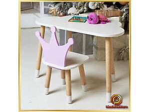 Яркий детский столик со стульчиком компактный набор для игр и развития. Стол белый и стул корона фиолетовый.