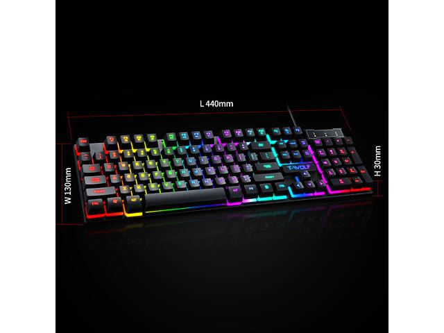 Ігрова комп`ютерна клавіатура зі світлодіодним підсвічуванням T-WOLF T20. Геймерська клавіатура англ. - Фото 2