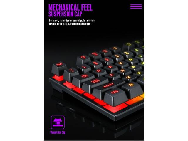 Ігрова комп`ютерна клавіатура зі світлодіодним підсвічуванням T-WOLF T20. Геймерська клавіатура англ. - Фото 5