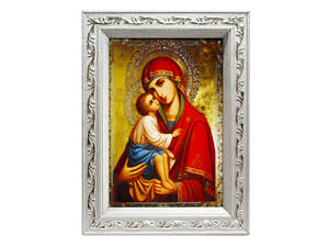 Икона в рамке Дева Мария Пресвятая Богородица 7х10см серебряная с серебряным узором, багет 1511А-х230 б\з