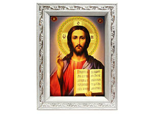 Икона в рамке Иисуса Христа Спасителя 7х10см серебряная с серебряным узором, багет 1511А-х230 б\з