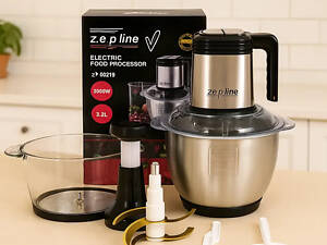 Подрібнювач кухонний Zepline ZP-00219 комплект із 2 чашами скло та металева 3.2 л чоппер 3000 Вт