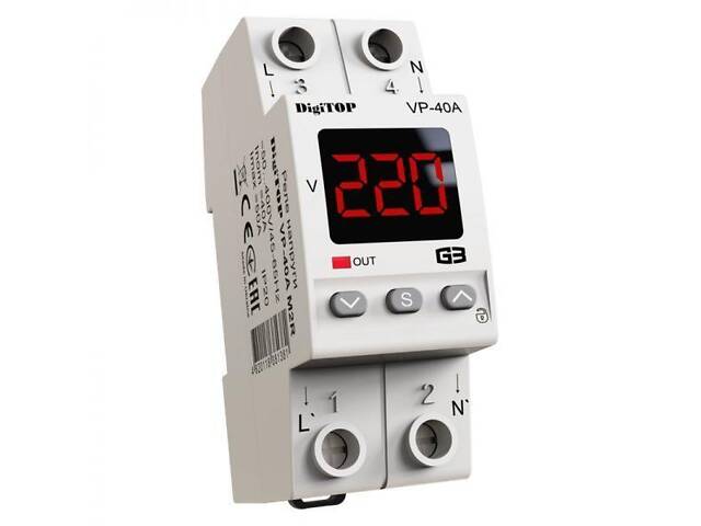 Захисне реле напруги однофазне VP-40A M2R/W з термозахистом на DIN-рейку, 40А, 8500Вт, 120-270В, двомодульне з - Фото 1