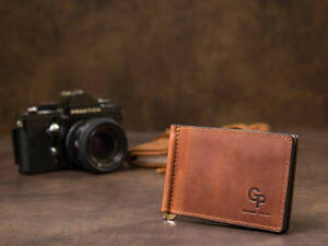 Зажим для купюр денег винтажный рыжий кожаный светло-коричневый 711477