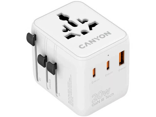 Зарядний пристрій Canyon OnTour 20 2xUCB-C + USB-A EU/UK/US/AUS 20W White (CNS-TA20W1005W) - Фото 1