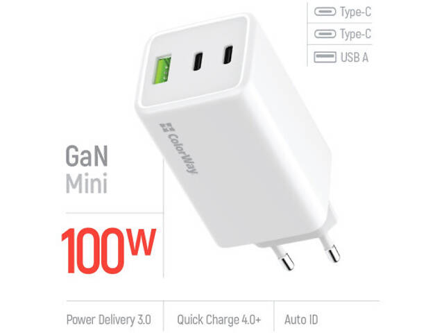 Зарядний пристрій ColorWay C101B GaN Mini 100W PD PPS 2xUSB-C + USB-A white (CW-CHS061PD-WT) - Фото 2
