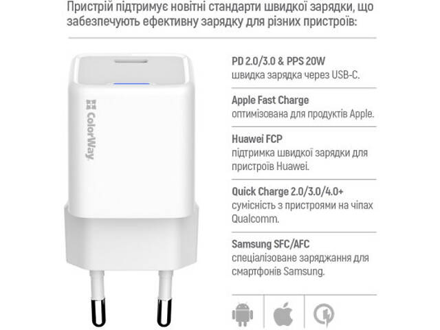 Зарядний пристрій ColorWay C101C GaN Mini 20W PD PPS USB-C white (CW-CHS059PD-WT) - Фото 4