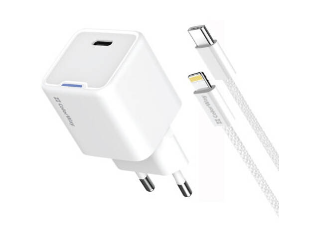 Зарядний пристрій ColorWay C101D GaN Mini 20W PD PPS USB-C + кабель USB-C to Lightning white (CW-CHS059PDL-WT) - Фото 1