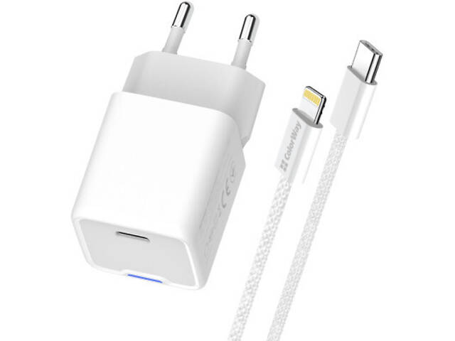 Зарядний пристрій ColorWay C101D GaN Mini 20W PD PPS USB-C + кабель USB-C to Lightning white (CW-CHS059PDL-WT) - Фото 8