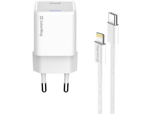Зарядний пристрій ColorWay C101D GaN Mini 20W PD PPS USB-C + кабель USB-C to Lightning white (CW-CHS059PDL-WT) - Фото 9