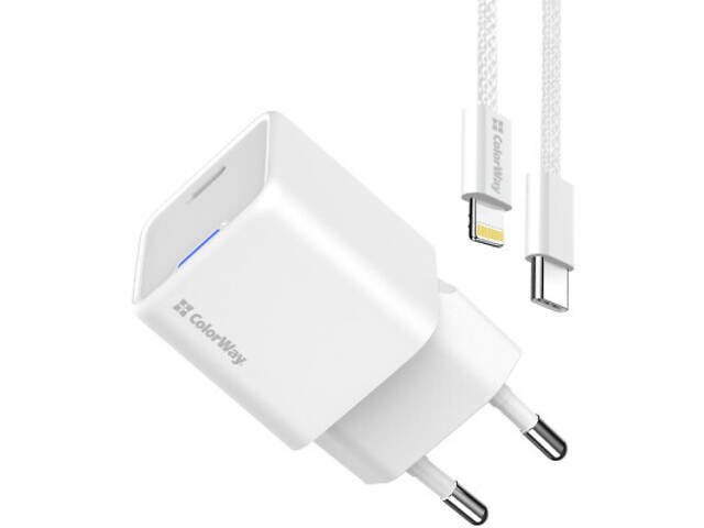 Зарядний пристрій ColorWay C101D GaN Mini 20W PD PPS USB-C + кабель USB-C to Lightning white (CW-CHS059PDL-WT) - Фото 10