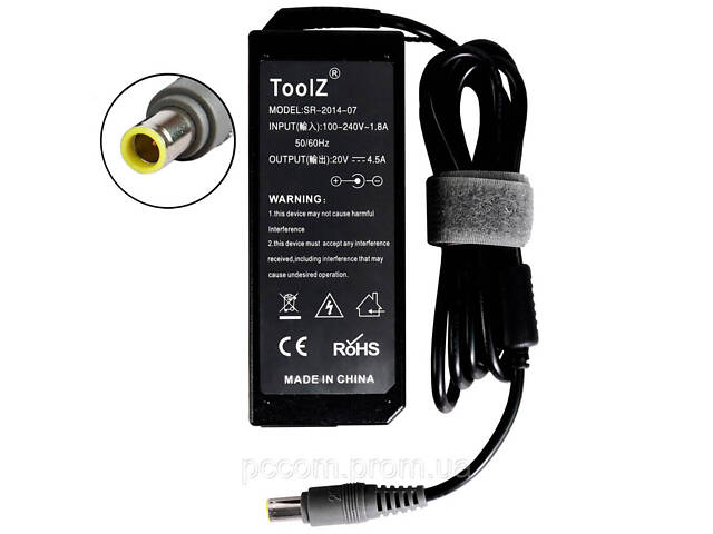 Зарядний пристрій ToolZ SR-2014-07 для ноутбуків Lenovo 7.9х5.5мм+Pin 20V 4.5A 90W (Replace 42T4432, 40Y7704, 92P1153) - Фото 1