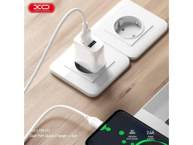 Зарядний пристрій XO L109 12W (2USB/2.4A) + USB - Lightning White (XO-L109-L) - Фото 3