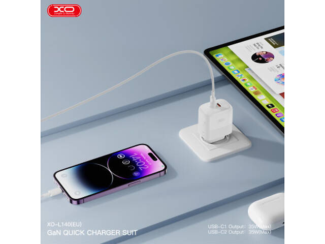 Зарядний пристрій XO L140 35W 2xUSB-C PD White (L140_White) - Фото 5