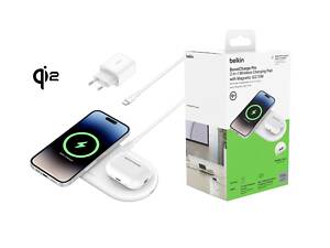 Зарядное устройство Belkin беспроводное 2в1 15Вт Pad Qi2, белый (WIZ021VFWH)