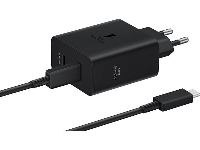 Зарядний пристрій мережевий Samsung 50Вт 2xUSB-С, кабель USB-C &gt, USB-C, 1.8м, чорний (EP-T5020XBEGEU) - Фото 1