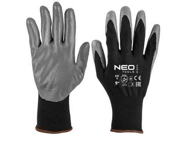 Захисні рукавички Neo Tools комплект 12шт, поліестер з нітриловим покриттям, р.9, сіро-чорний (97-647-9) - Фото 1