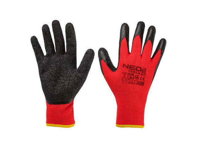 Захисні рукавички Neo Tools комплект 12шт, поліестер з латексним покриттям, р.10, червоно-чорний (97-645-10) - Фото 1