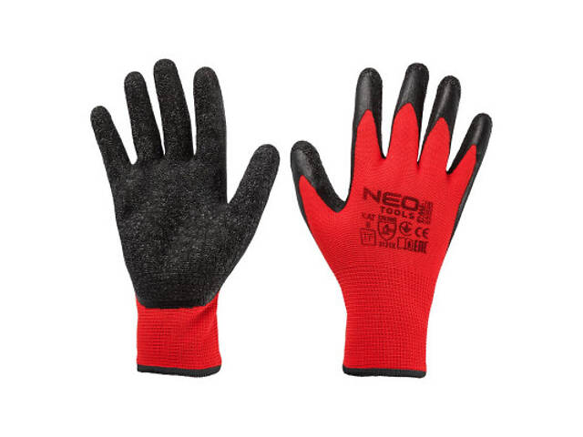Захисні рукавички Neo Tools комплект 12шт, поліестер з латексним покриттям, р.11, червоно-чорний (97-645-11) - Фото 1