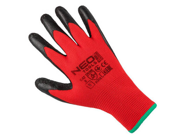Захисні рукавички Neo Tools комплект 12шт, поліестер з латексним покриттям, р.8, червоно-чорний (97-645-8) - Фото 2