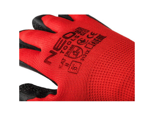 Захисні рукавички Neo Tools комплект 12шт, поліестер з латексним покриттям, р.8, червоно-чорний (97-645-8) - Фото 5